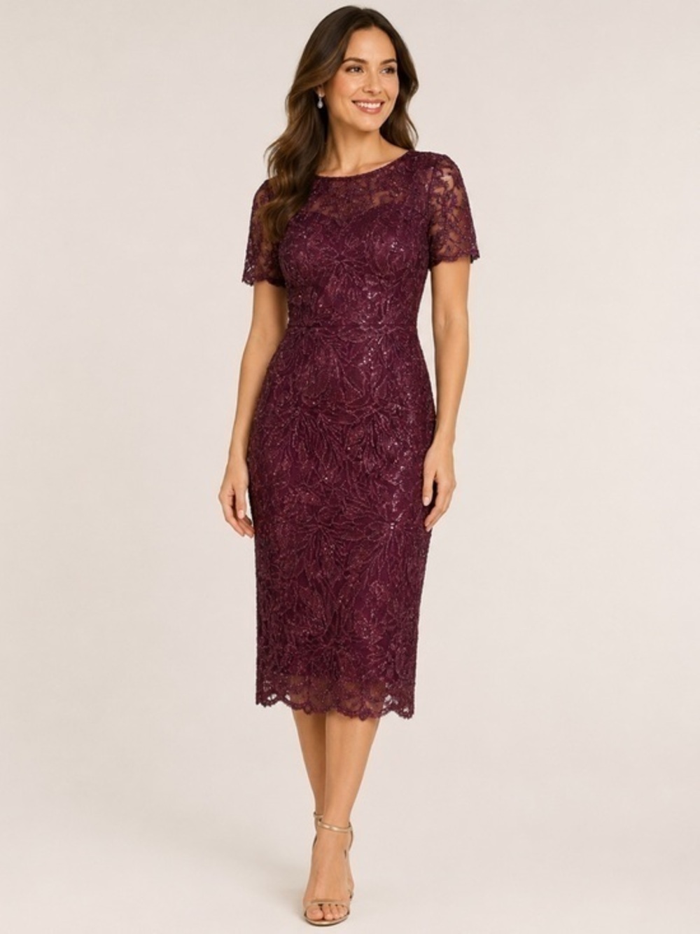 Adrianna Papell Burgundy Sequin Lace Midi Cocktail Dress 2P NWT